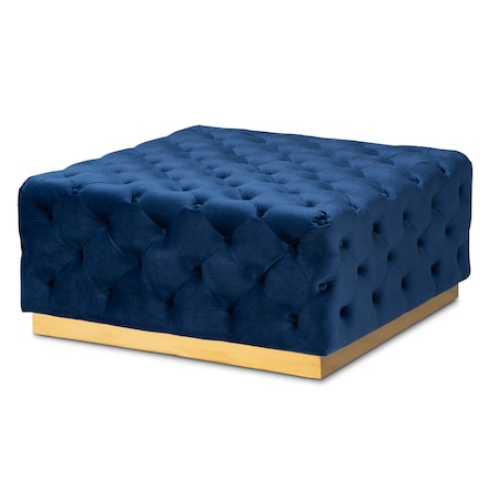Baxton Studio Verene Blue Velvet Upholstered Gold Finished Square Cocktail Ottoman 163-10570
